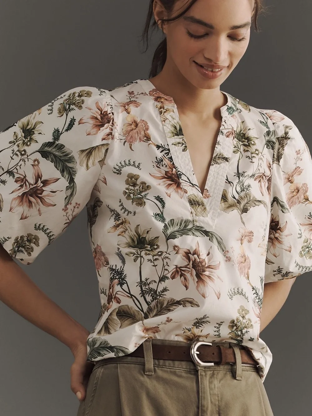 Anthropologie Floral V-Neck Puff-Sleeve Blouse — White with Pink & Green Print